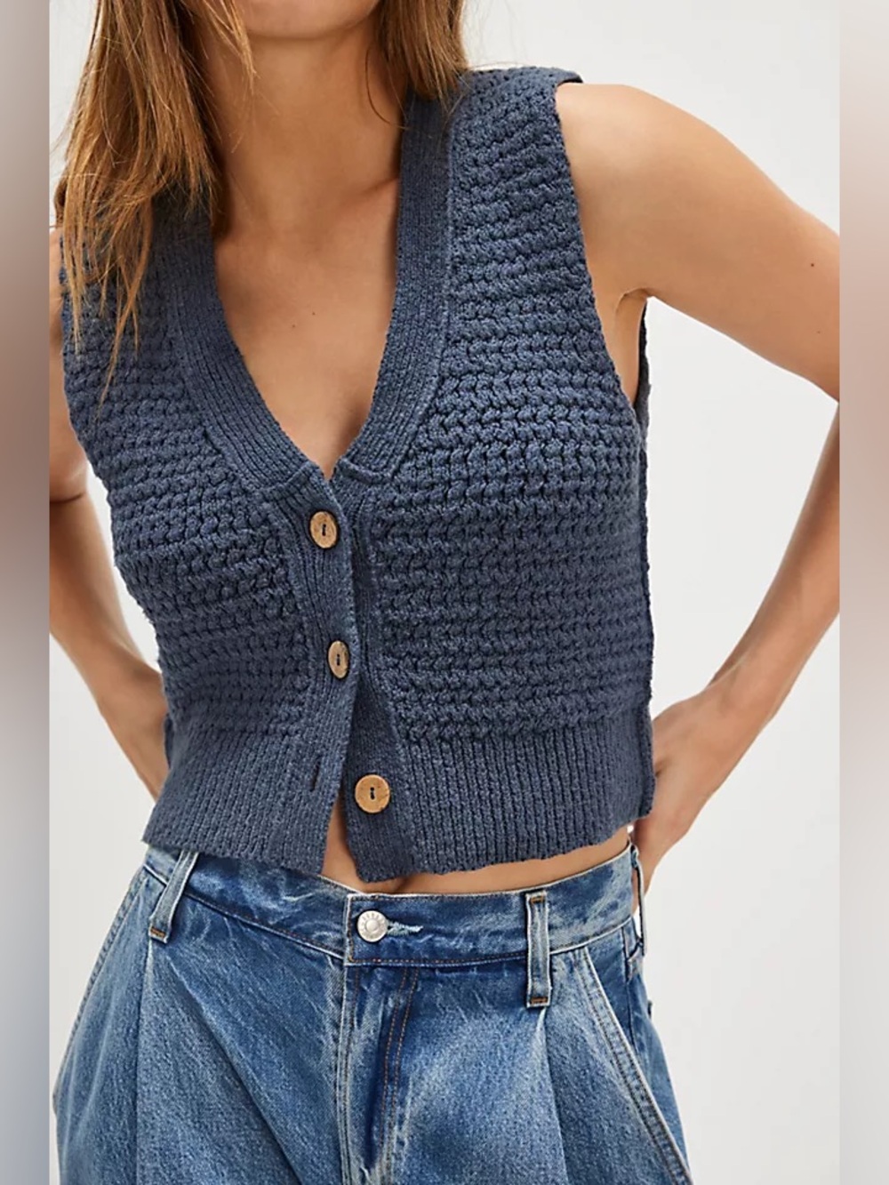 Free People We The Free Ava Vest Blue Sweater Cropped Vest V Neck